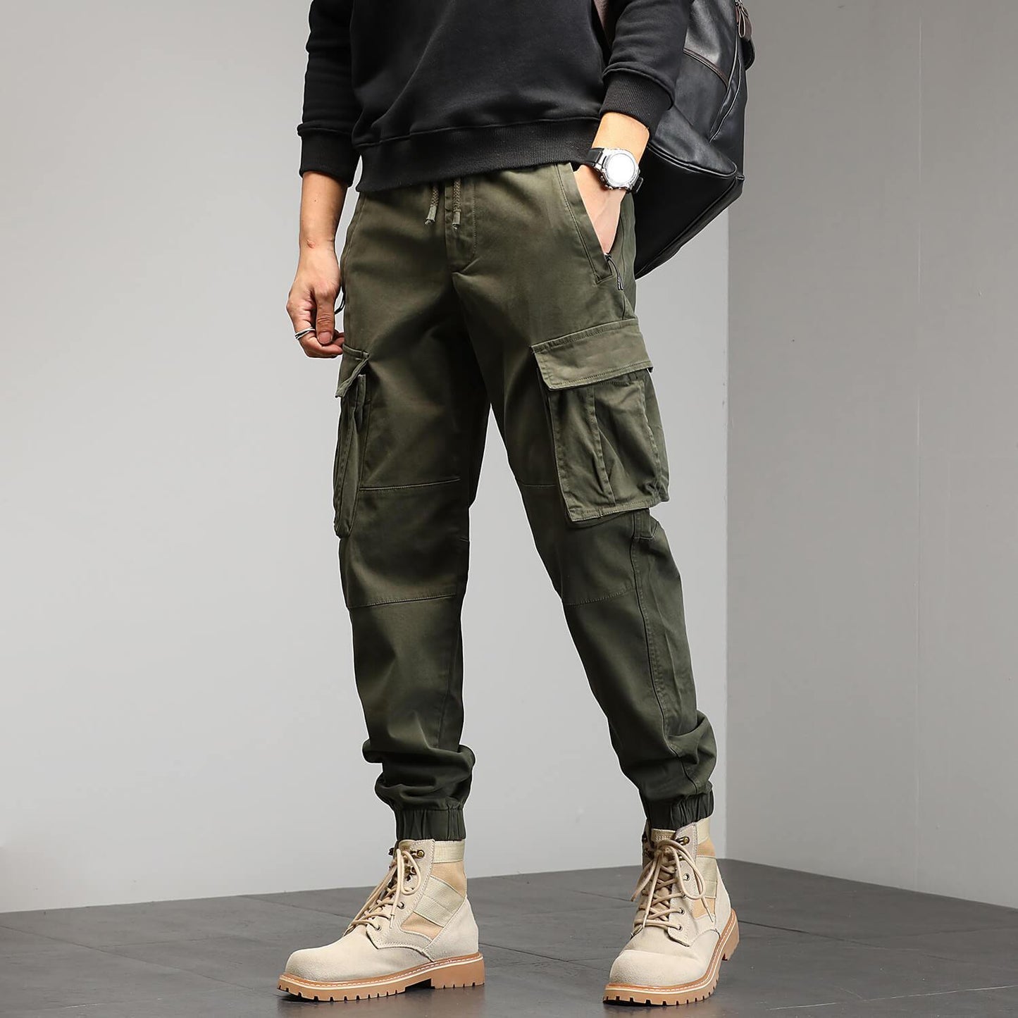 Men's Cotton Elastic Waist Pocket Pants